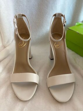 Sam Edelman Yaro Ankle Strap Block Heel Sandal in White Leather Size 9.5 Wide